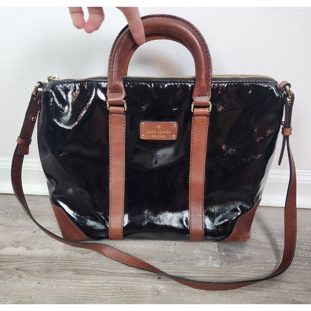 Vintage Kate Spade Black Patent/Brown Leather Large Handle Crossbody Bag